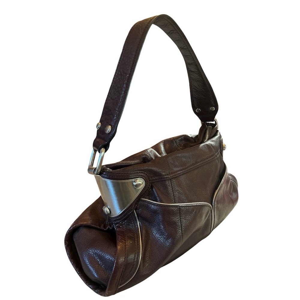 B. Makowsky Dark Brown Slouchy Brown Leather HoBo Shoulder Bag Metallic Details - Picture 3 of 17